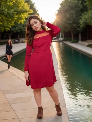 Maroon Mesh Skater Dress