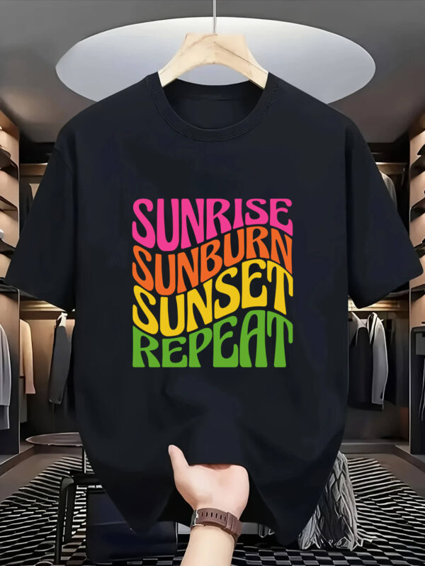 “Sunrise Sunburn Sunset Repeat” Retro Summer T-Shirt – Bold Graphic Cotton Tee