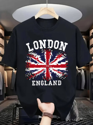 London England Union Jack Graphic T-Shirt – Black Cotton Tee with Splatter Flag Design uk