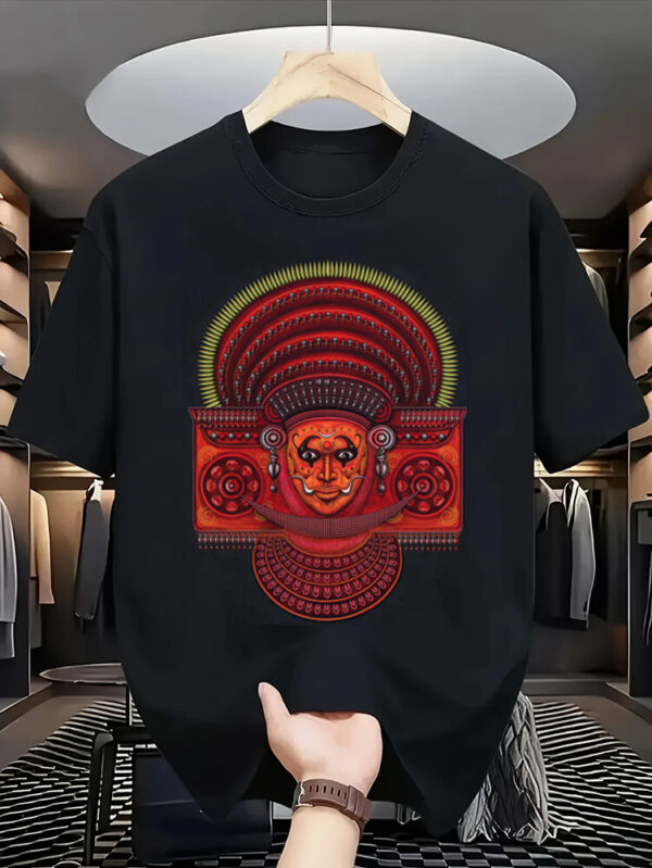 Theyyam Face Art Graphic T-Shirt – Black Cotton Tee with Traditional Kerala Culture Design uk