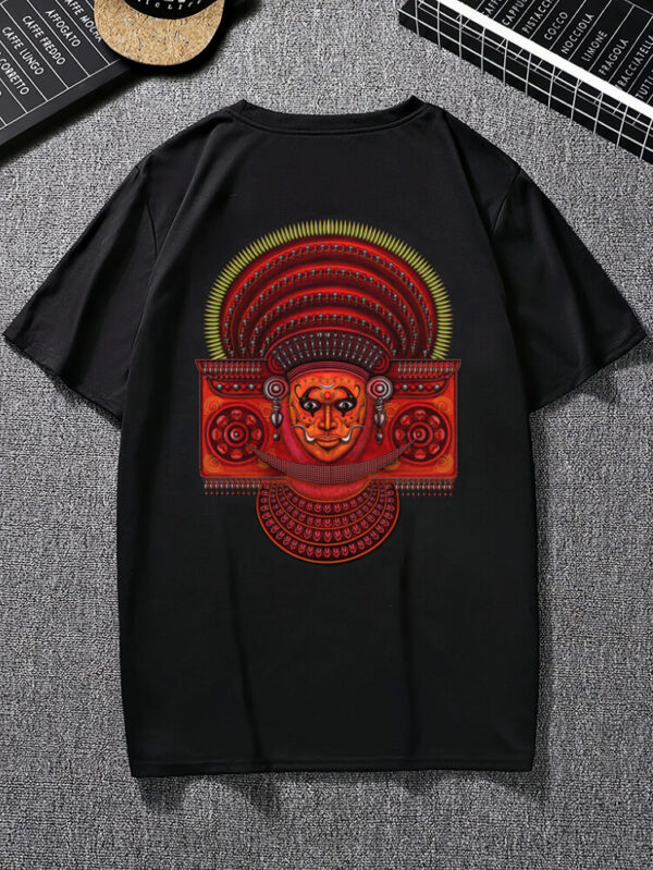 Theyyam Face Art Graphic T-Shirt – Black Cotton Tee with Traditional Kerala Culture Design uk