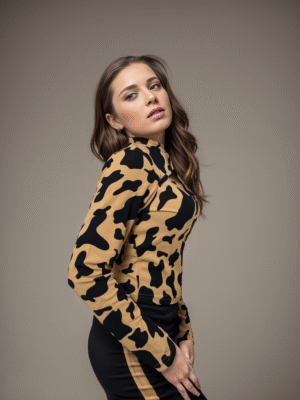 Full Sleeves Animal Cow Print top Mock Neck Cut Out Beige