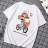 “Keep Smiling Keep Going” Cute Girl & Cat Bicycle Graphic T-Shirt – White Cotton Tee