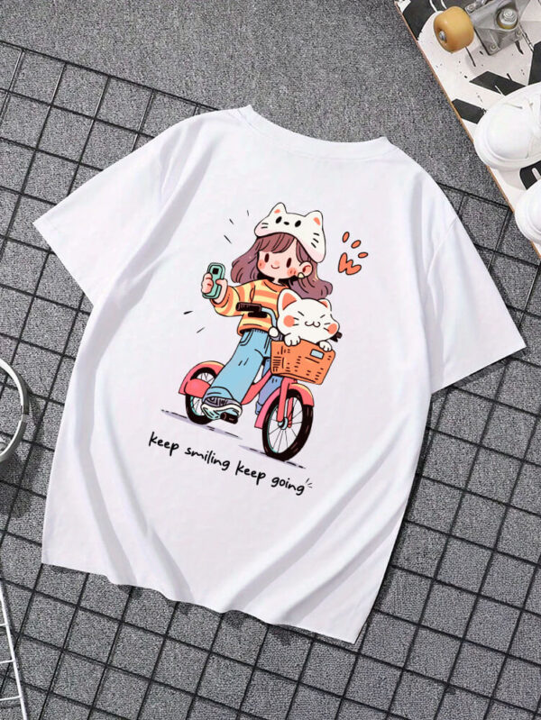 “Keep Smiling Keep Going” Cute Girl & Cat Bicycle Graphic T-Shirt – White Cotton Tee