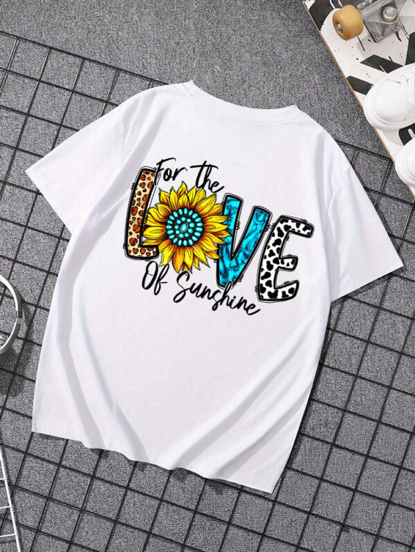 “For the Love of Sunshine” Sunflower Graphic T-Shirt – White Cotton Tee with Colorful Print uk