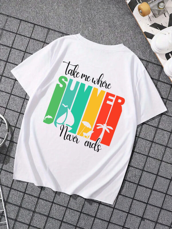 Summer Vibes Graphic T-Shirt – White Cotton Tee with "Take Me Where Summer Never Ends" Print uk