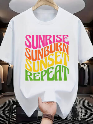 “Sunrise Sunburn Sunset Repeat” Retro Summer T-Shirt – Bold Graphic Cotton Tee