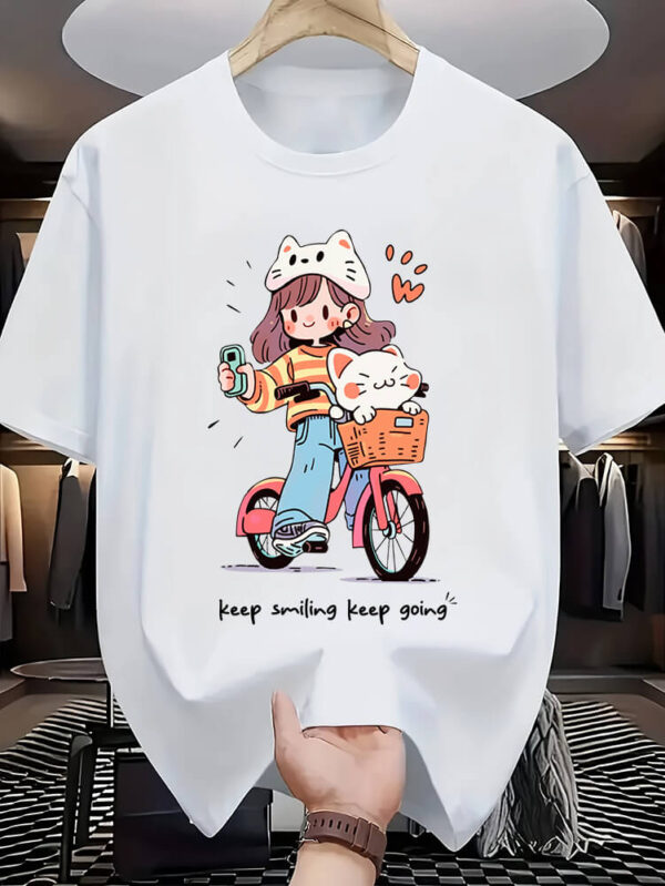 “Keep Smiling Keep Going” Cute Girl & Cat Bicycle Graphic T-Shirt – White Cotton Tee
