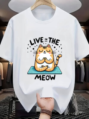 “Live in the Meow” Cute Cat Yoga T-Shirt – Relaxed Fit for All Cat Lovers uk