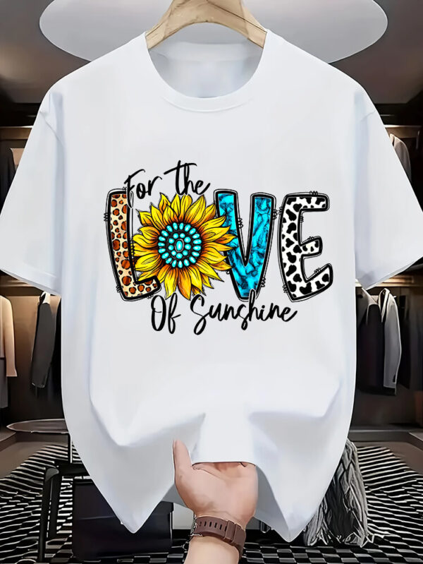 “For the Love of Sunshine” Sunflower Graphic T-Shirt – White Cotton Tee with Colorful Print uk