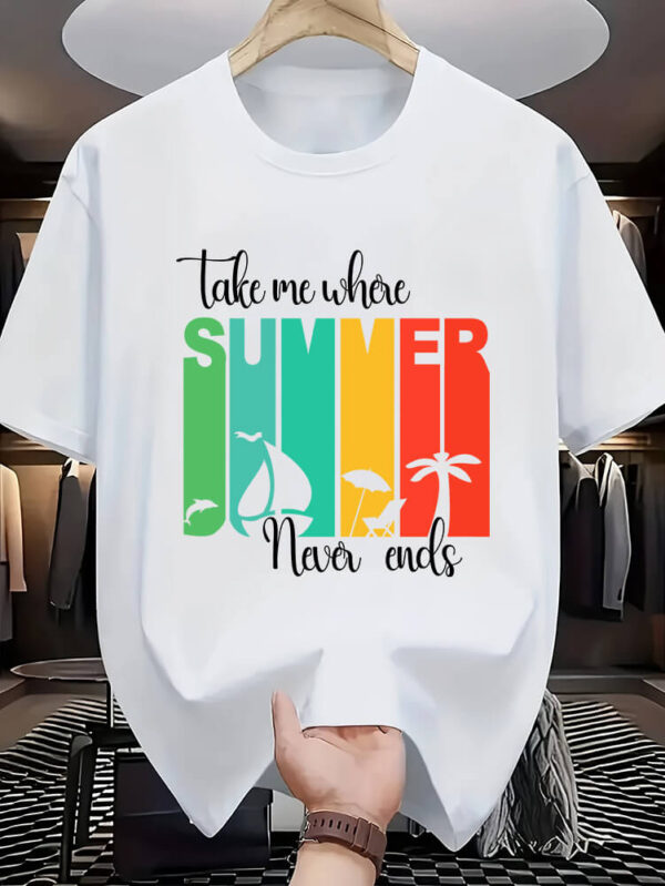 Summer Vibes Graphic T-Shirt – White Cotton Tee with "Take Me Where Summer Never Ends" Print uk