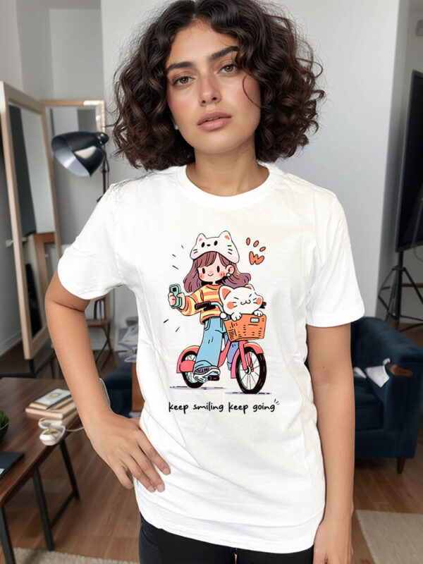 “Keep Smiling Keep Going” Cute Girl & Cat Bicycle Graphic T-Shirt – White Cotton Tee