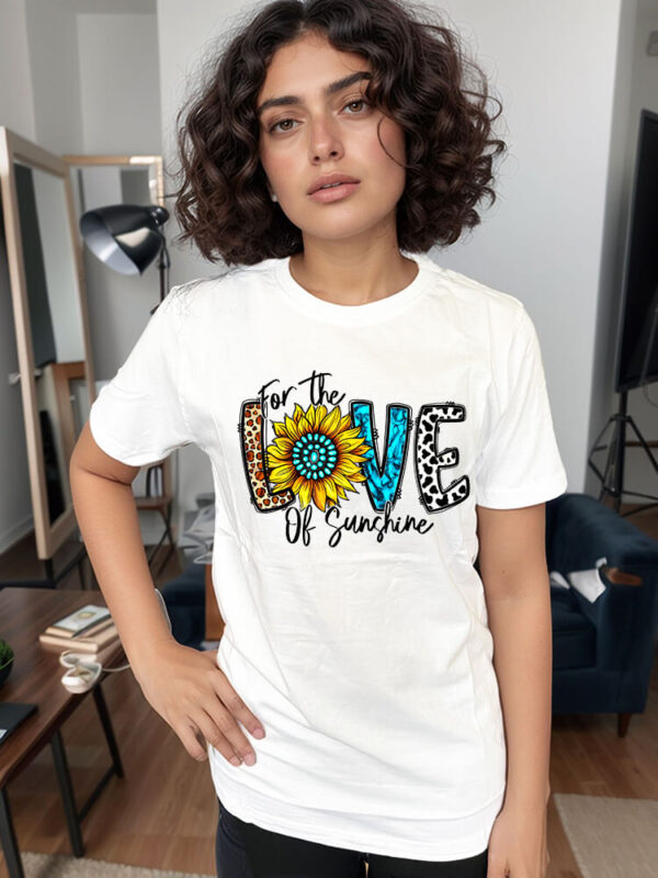 “For the Love of Sunshine” Sunflower Graphic T-Shirt – White Cotton Tee with Colorful Print uk