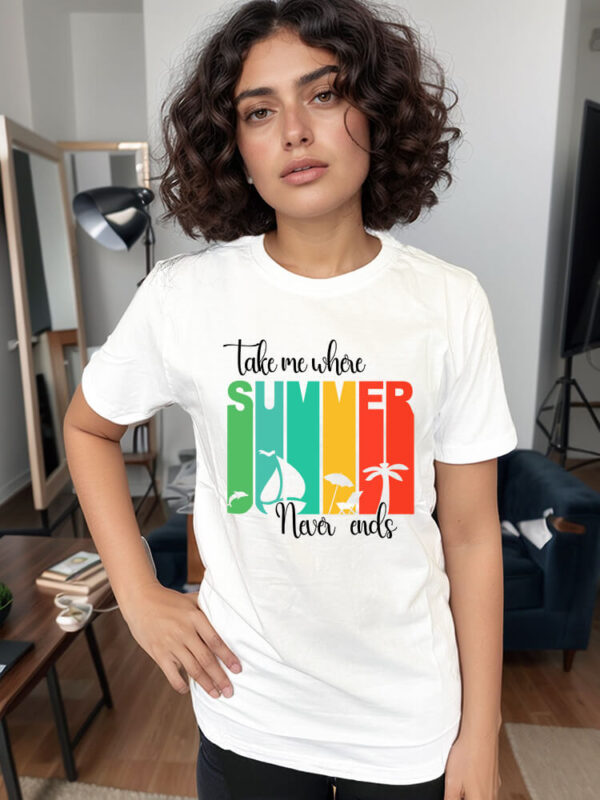 Summer Vibes Graphic T-Shirt – White Cotton Tee with "Take Me Where Summer Never Ends" Print uk