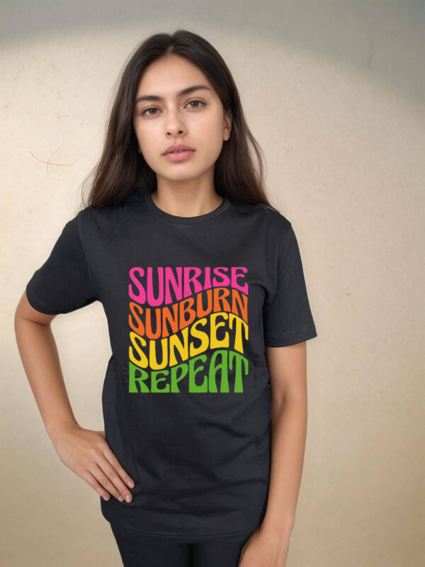 “Sunrise Sunburn Sunset Repeat” Retro Summer T-Shirt – Bold Graphic Cotton Tee